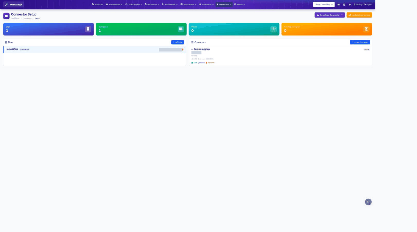 The Connector Setup page showing sites and connectors