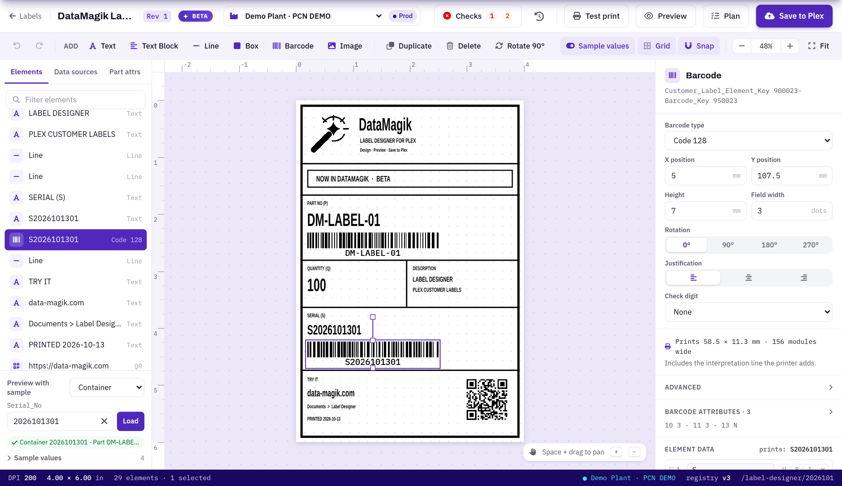 The Label Designer editor with a 4x6 label, its element list and the property panel