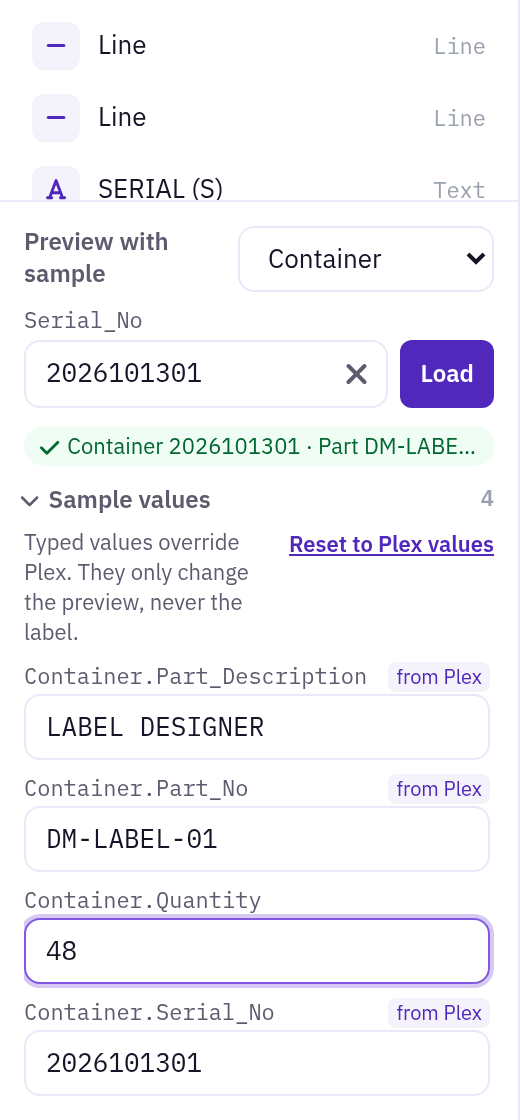 The sample identifier and the Sample values panel