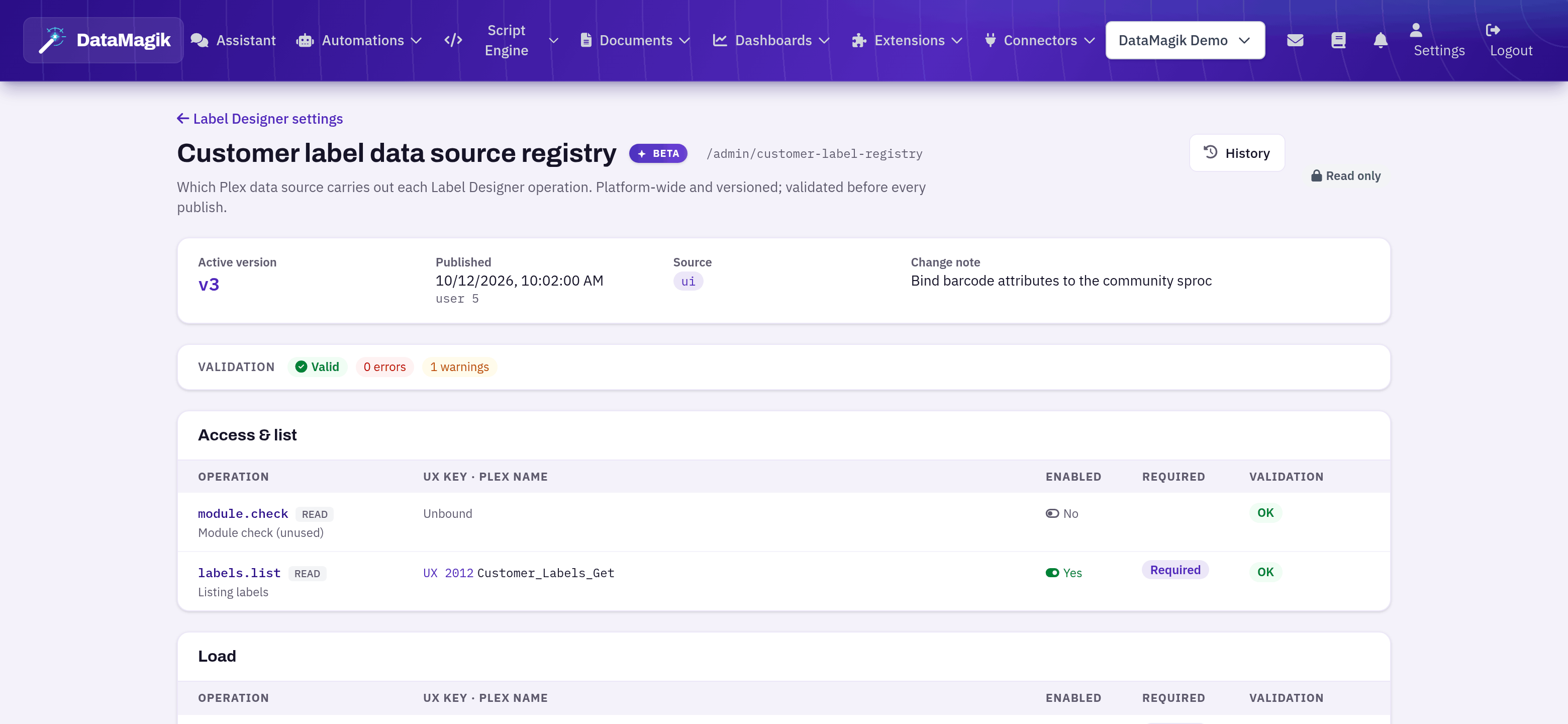 The Label Designer data source registry