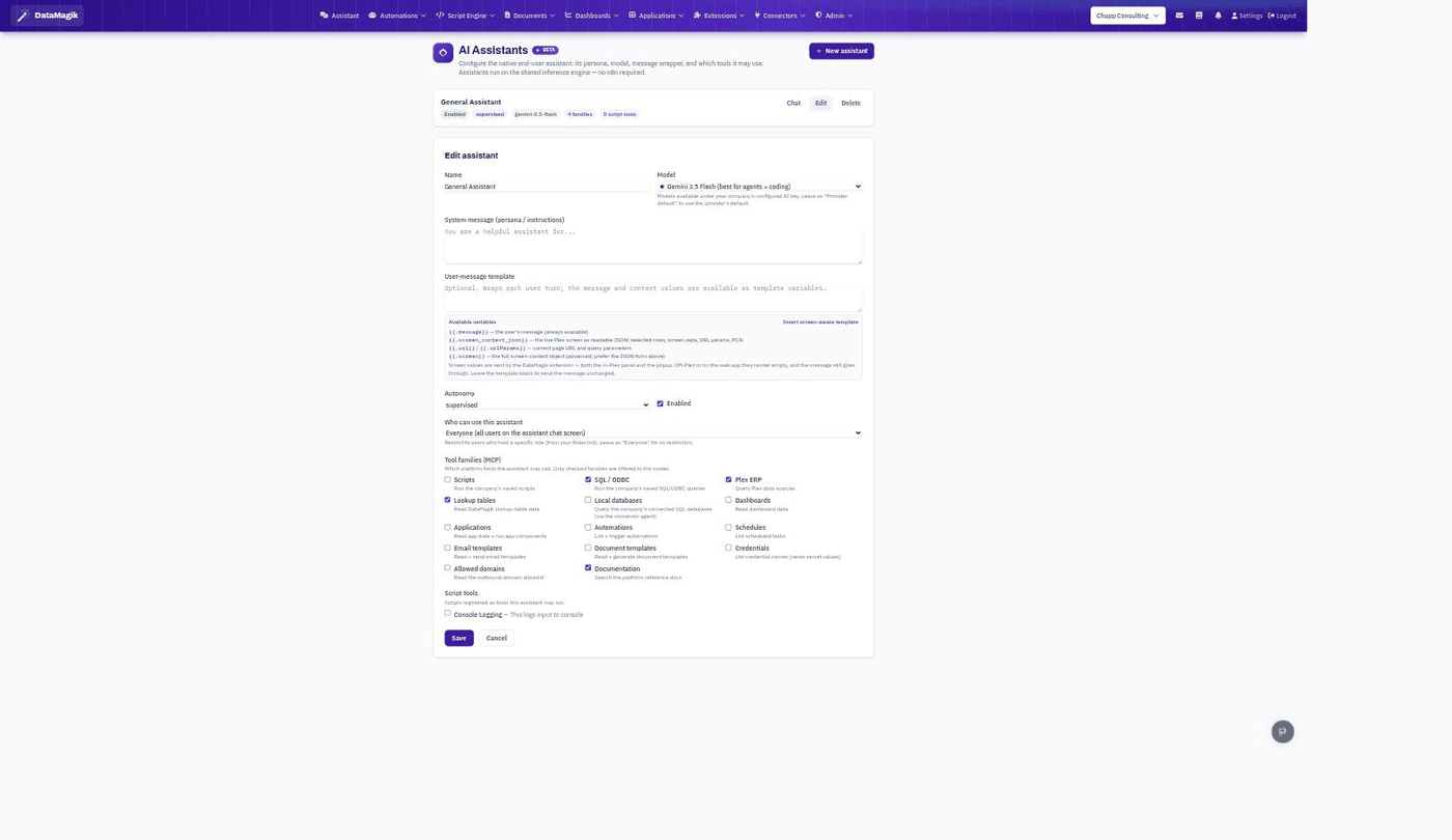 Edit assistant form showing model, system message, tool families, and access control