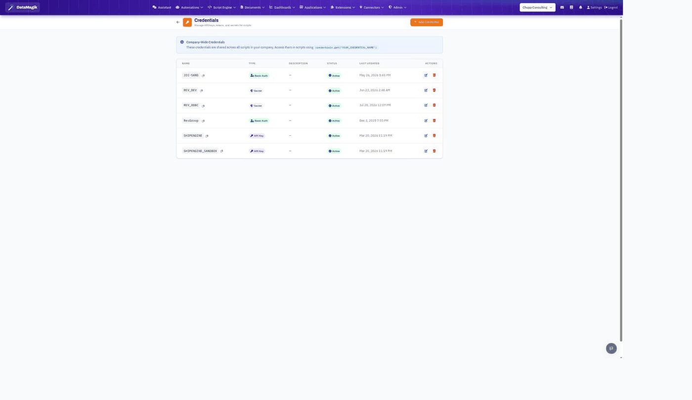 Credentials page listing named credentials with type, status, and last-updated