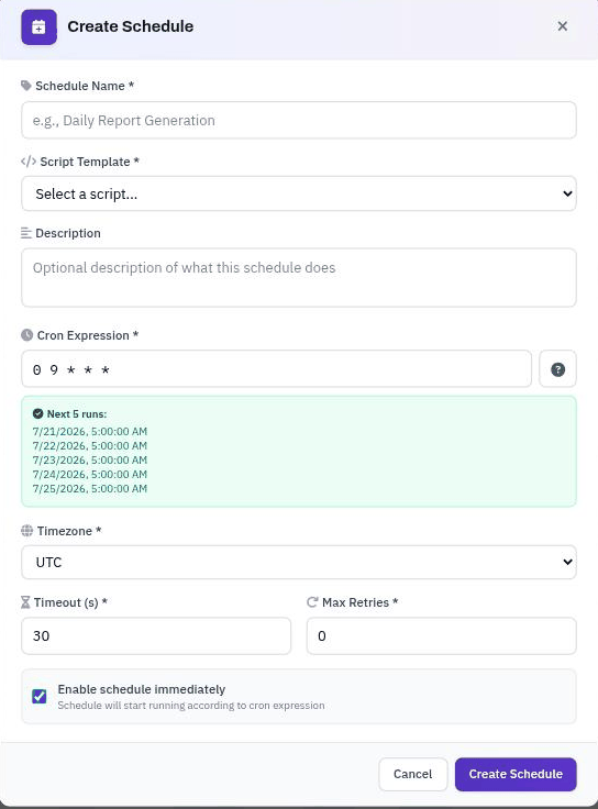 Creating a script schedule with a cron expression