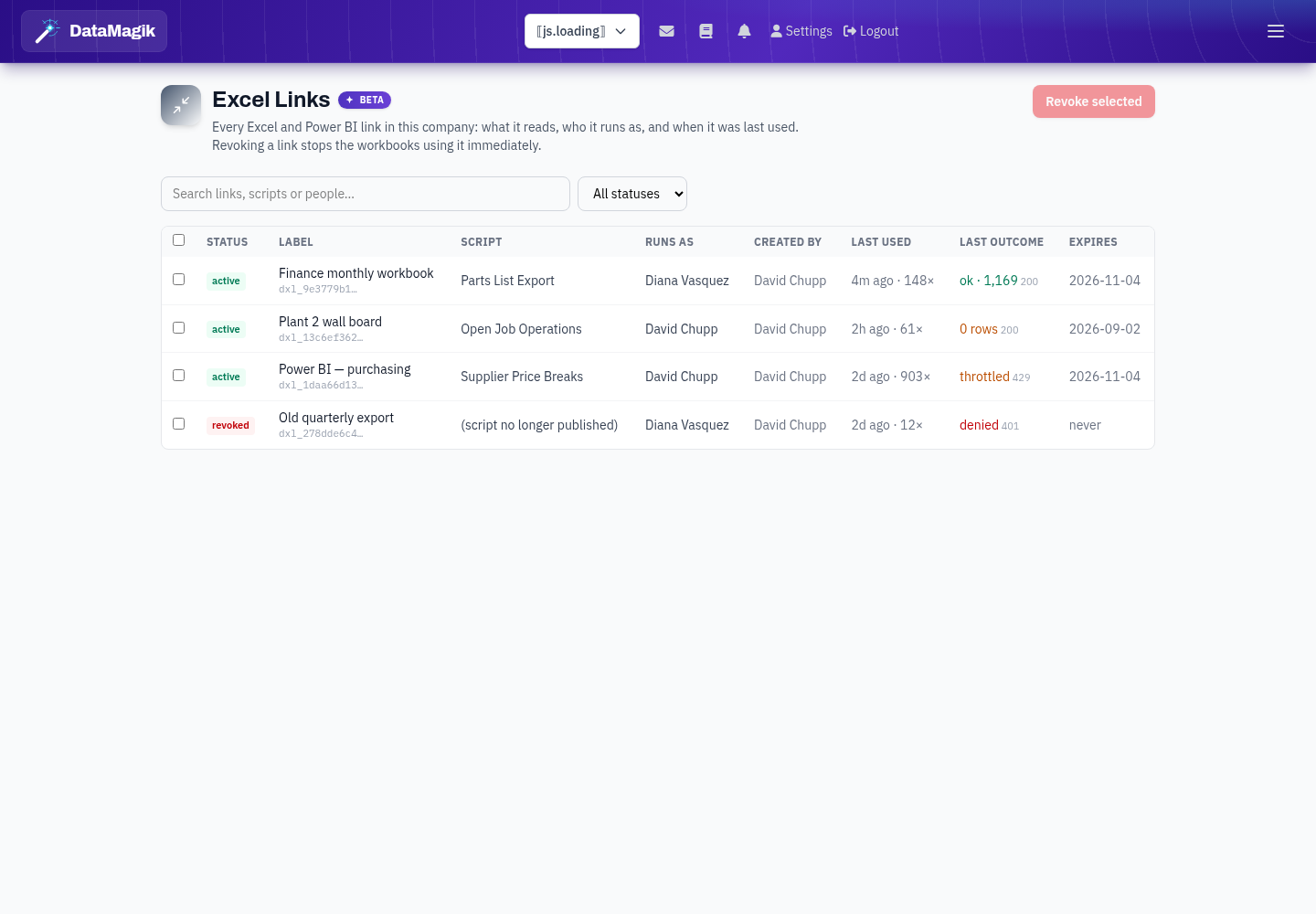 The Excel Links administration view