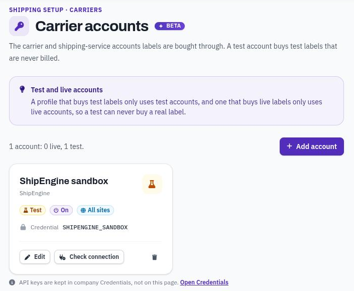 Carrier accounts, with a test account and Check connection.