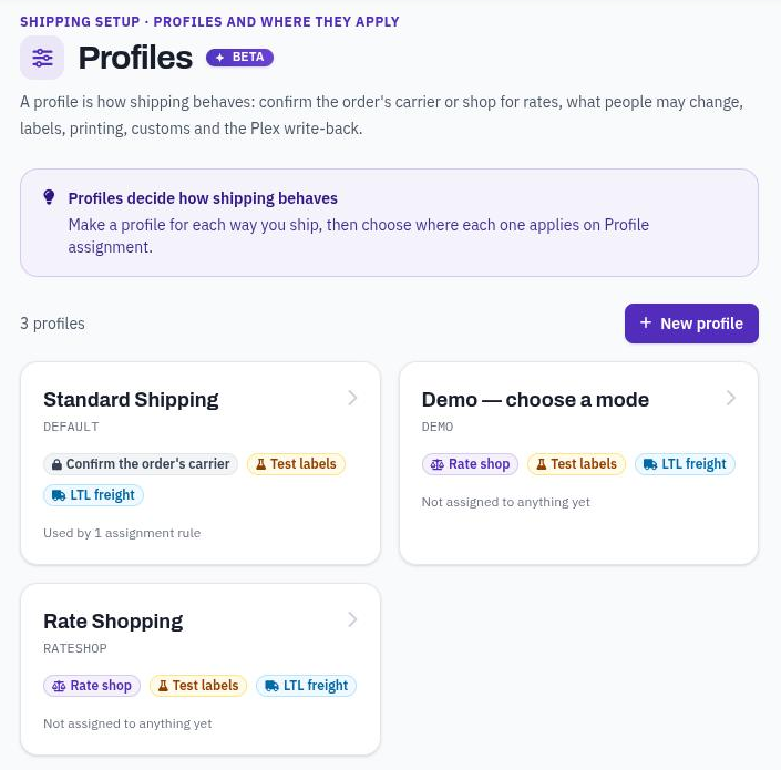 The profiles list: each profile's mode and where it is used.