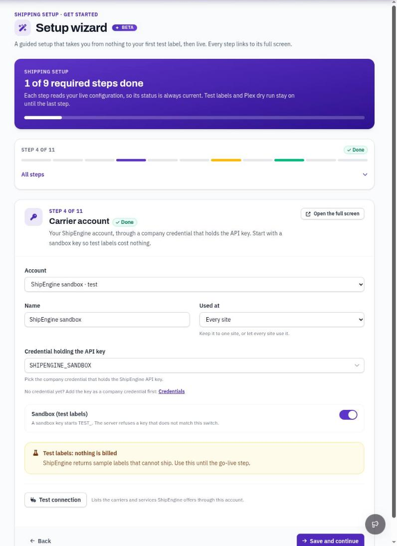 The setup wizard, with the step list and the carrier account step.