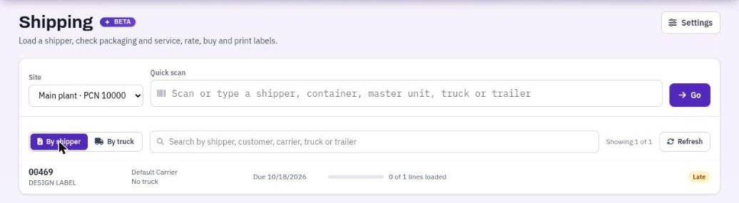 Finding a shipper: Quick scan and the By shipper list.