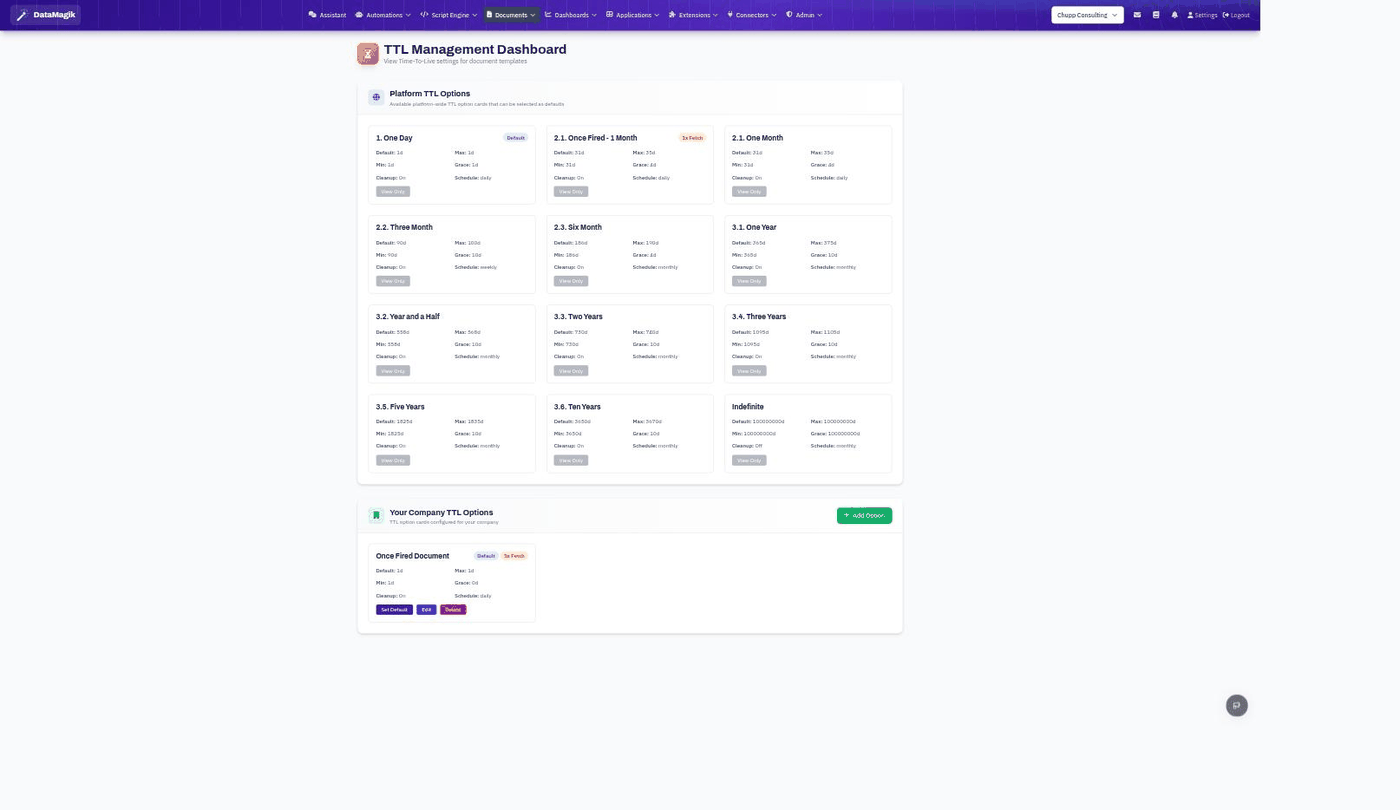 TTL Management Dashboard with platform and company retention option cards