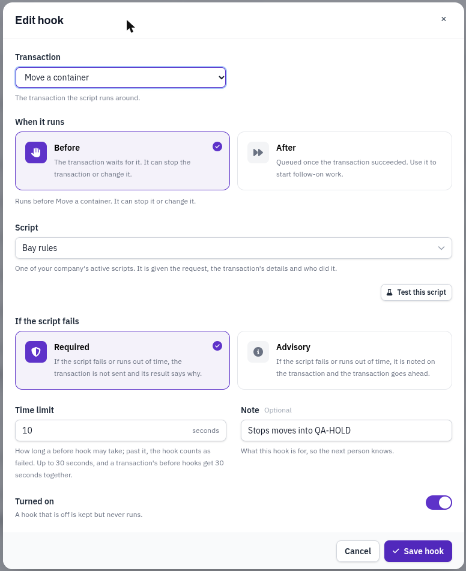 The Edit hook dialog: Transaction, When it runs, Script, If the script fails, Time limit, Note and Turned on