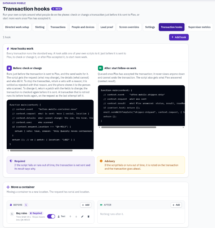 The Transaction hooks page under DataMagik Mobile, with one before hook on Move a container
