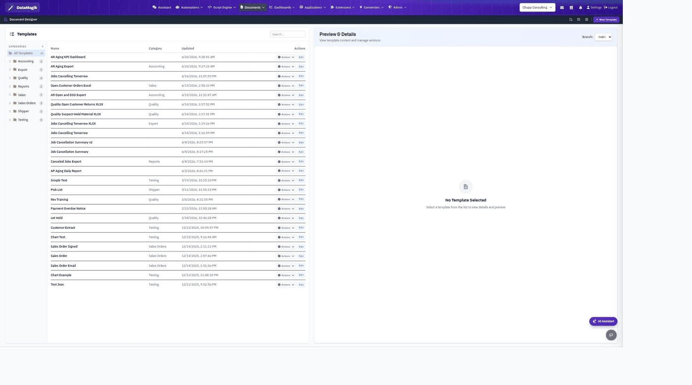 The Document Designer template list