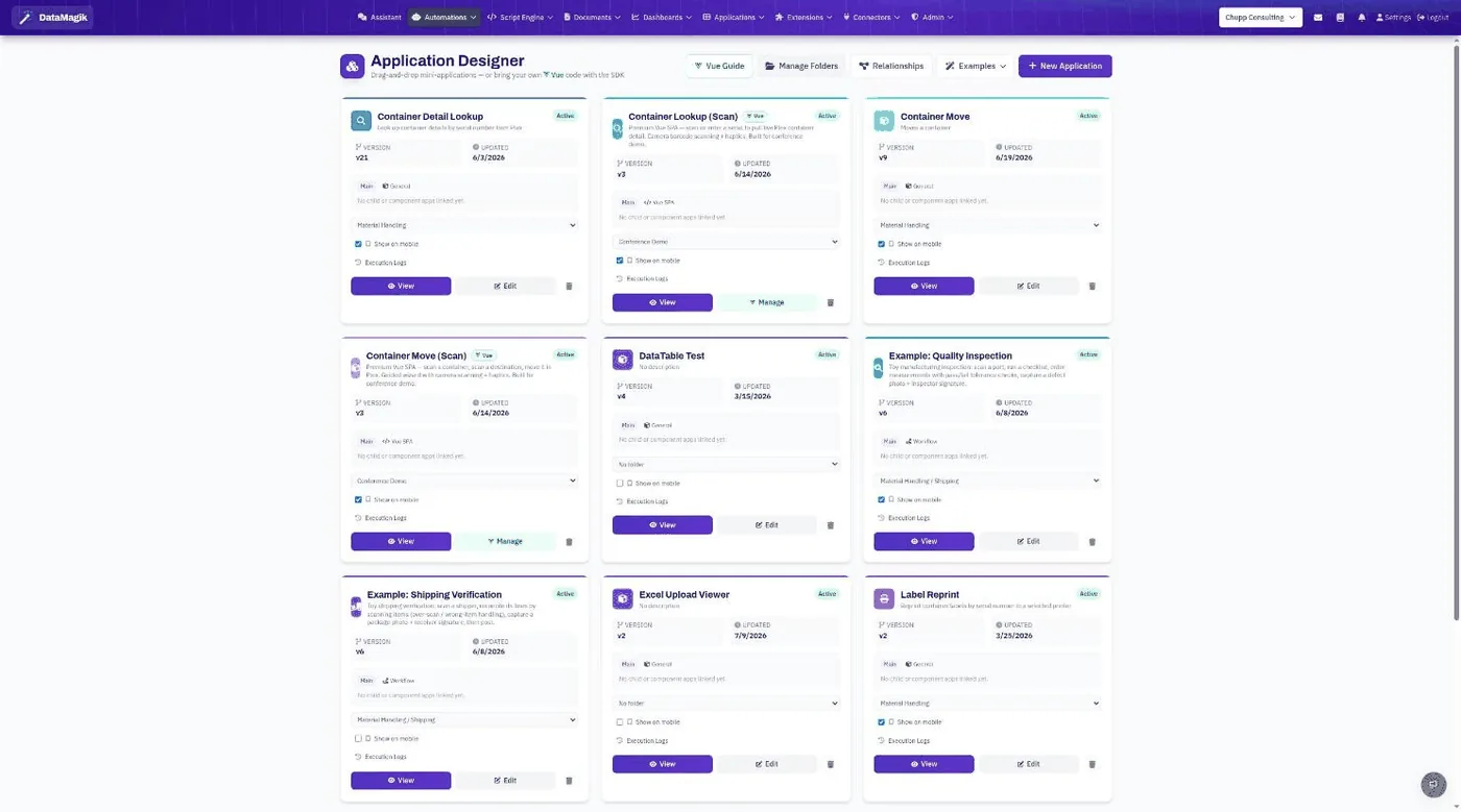 The Application Designer list showing apps with version numbers, Vue badges, menu folders and mobile toggles