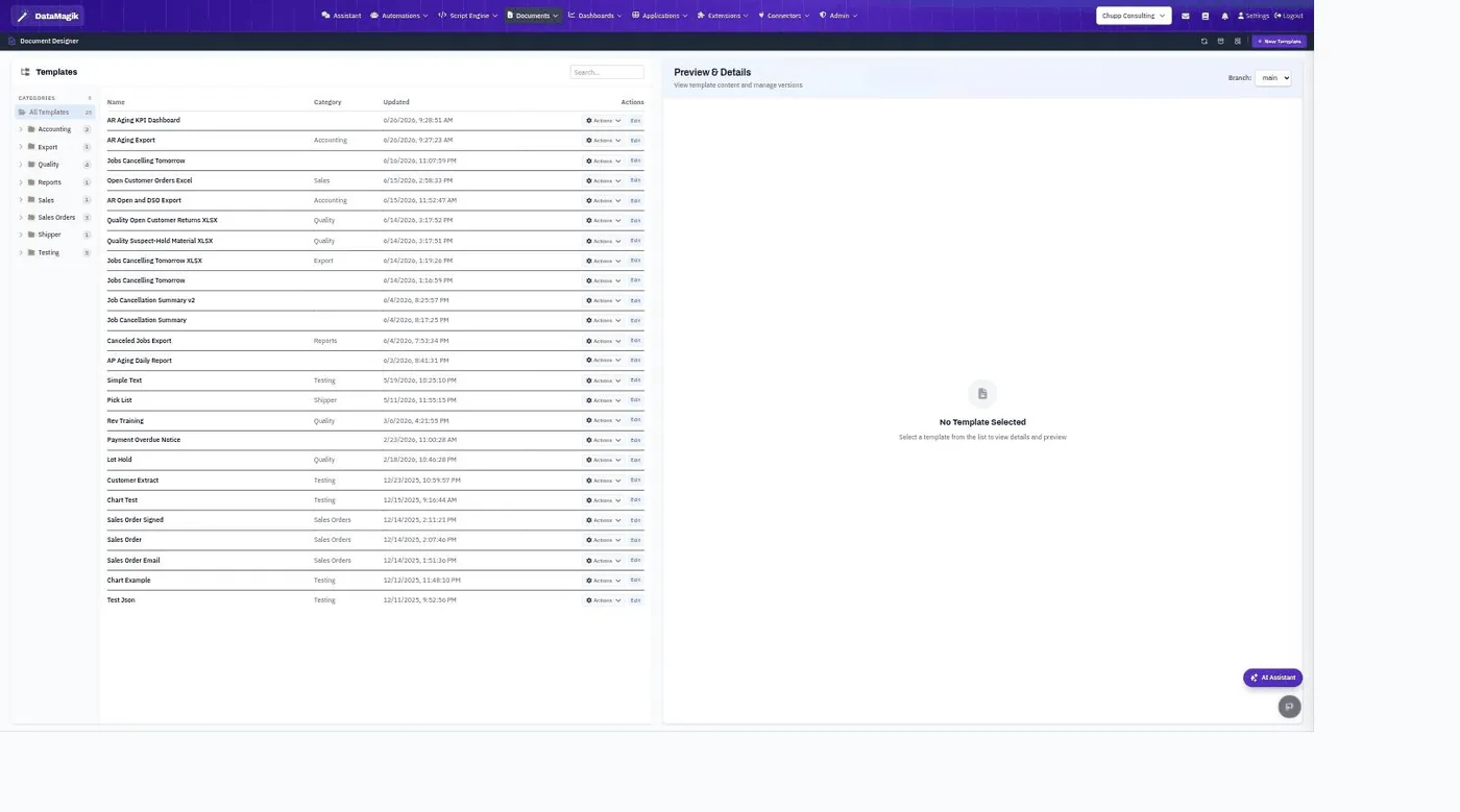 The Document Designer showing the template list with categories, versions and preview