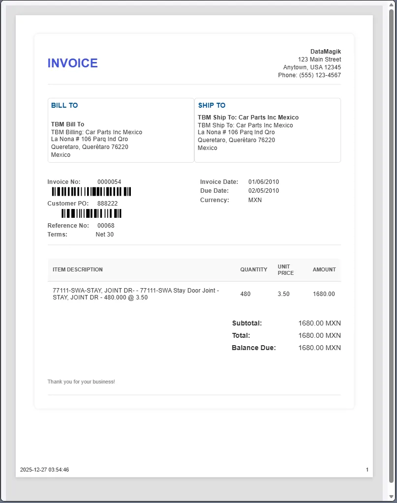 A generated AR invoice PDF with bill-to and ship-to blocks, line items and totals