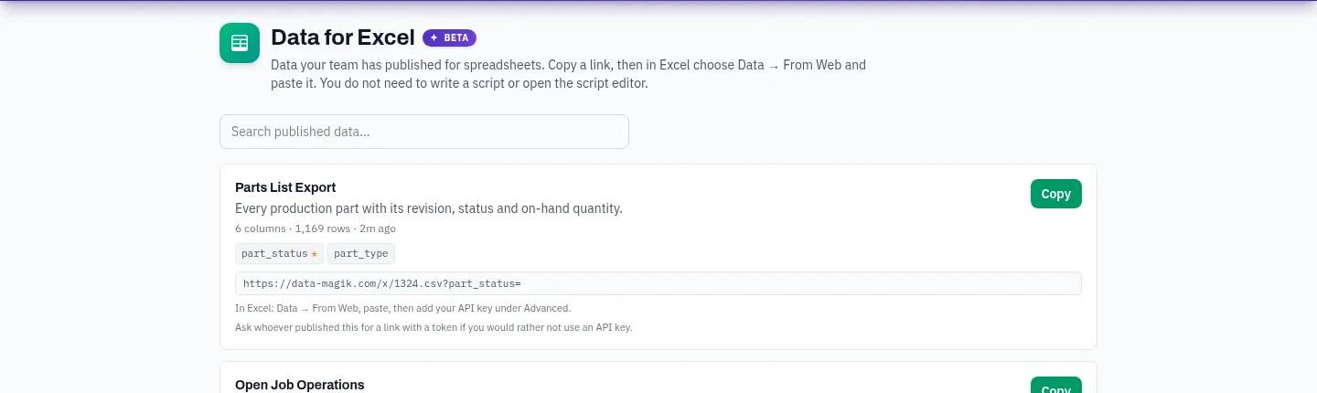 The Data for Excel catalog listing everything published in the company, each with its inputs and a copy button